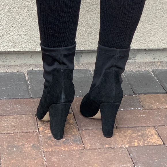 Black Genuine Suede Bold Heel Sock Ankle Booties - Picture 5 of 8